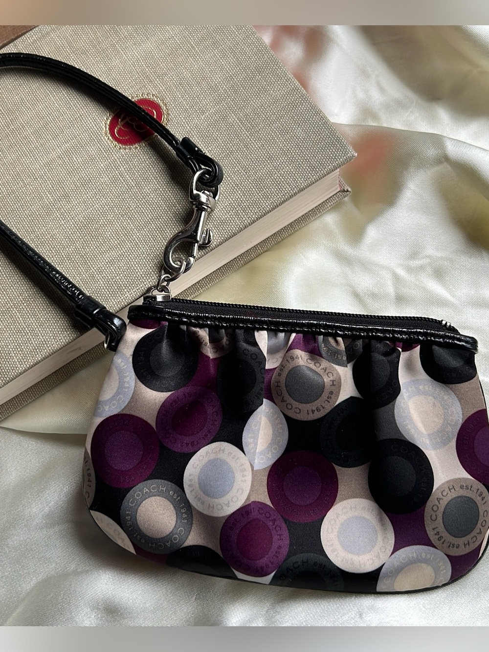 Coach Vintage Multicolor Purple Satin Signature Circles pattern Zip Wristlet Bag